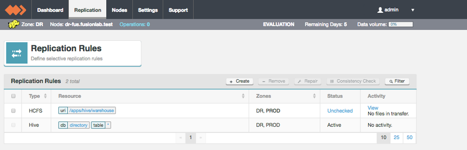 Live Hive replication tab
