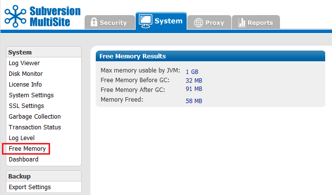 Admin Console - Free Memory