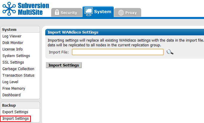 Admin Console - Import Settings